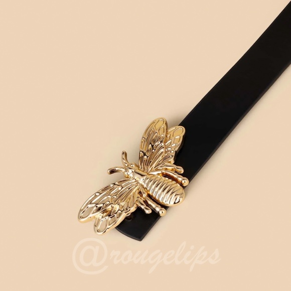 Black Skinny Belt Gold Tone Bee Embellishment - Picture 3 of 6